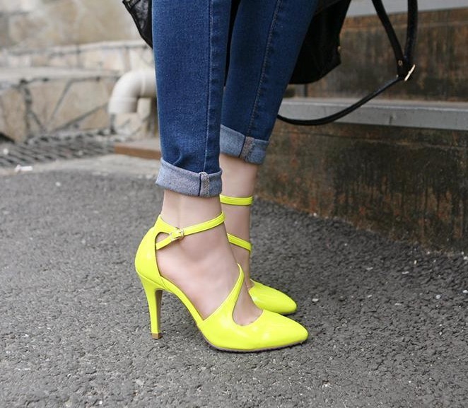 Fluorescent Color Patent Leather High-heeled Sandals With A Pointed ...