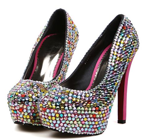 High With Fine With Rhinestones Round Shallow Mouth High-heeled Shoes ...