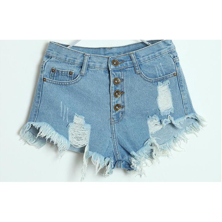 Washed hole fringed required to be open buckle short waisted denim shorts