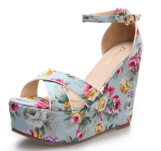 Floral Cloth Bag With Simple Cross- Heel Wedge Sandals With High Heels ...