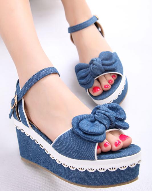Slope With Thick Crust Muffin Denim Sandals Fish Head Hollow Shoes ...