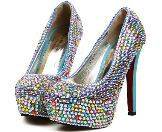 High With Fine With Rhinestones Round Shallow Mouth High-heeled Shoes ...