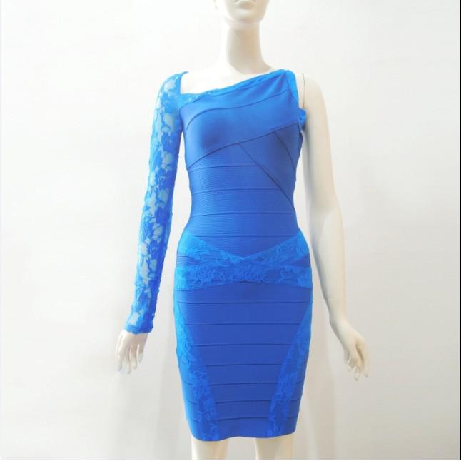 Blue Long-sleeved Lace Shoulder Bandage Dress Skirt on Luulla