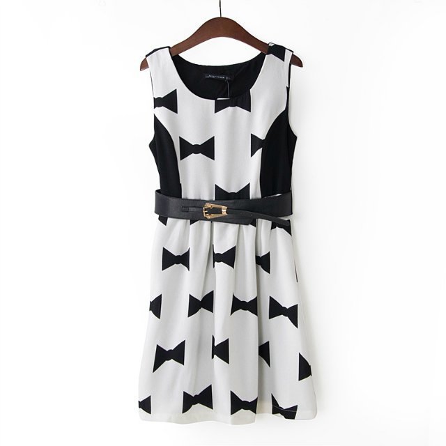 A Printed Sleeveless Waist Bow Swing Dress Sleeveless Vest Dress With