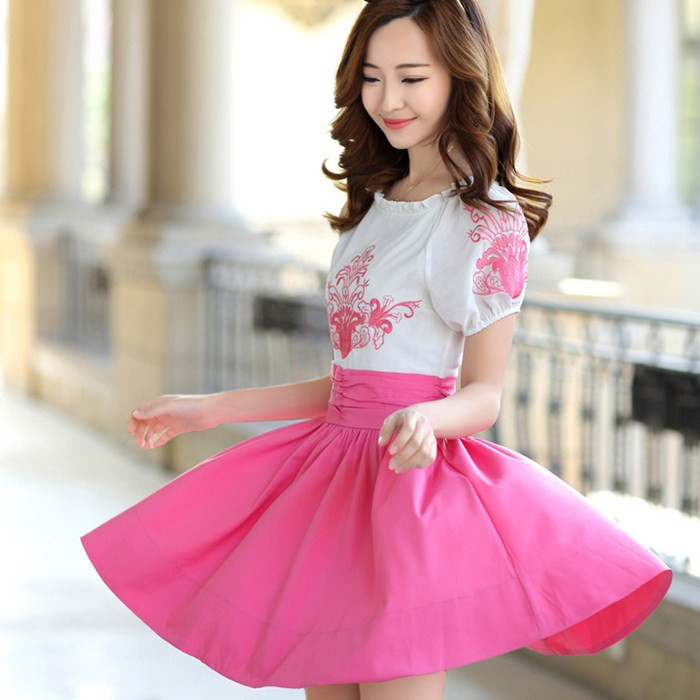 Round Neck Short Sleeve Chiffon Dress Embroidered Slim Female Korean ...