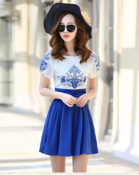 Round Neck Short Sleeve Chiffon Dress Embroidered Slim Female Korean ...