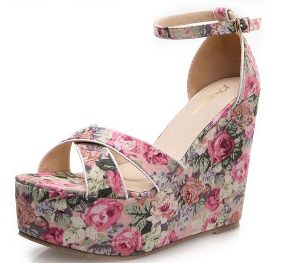 Floral Cloth Bag With Simple Cross- Heel Wedge Sandals With High Heels ...